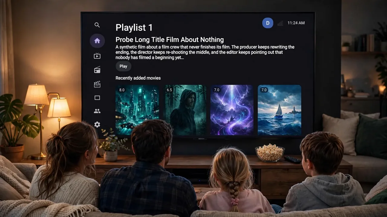 A family watching the Qanat Home screen on a TV