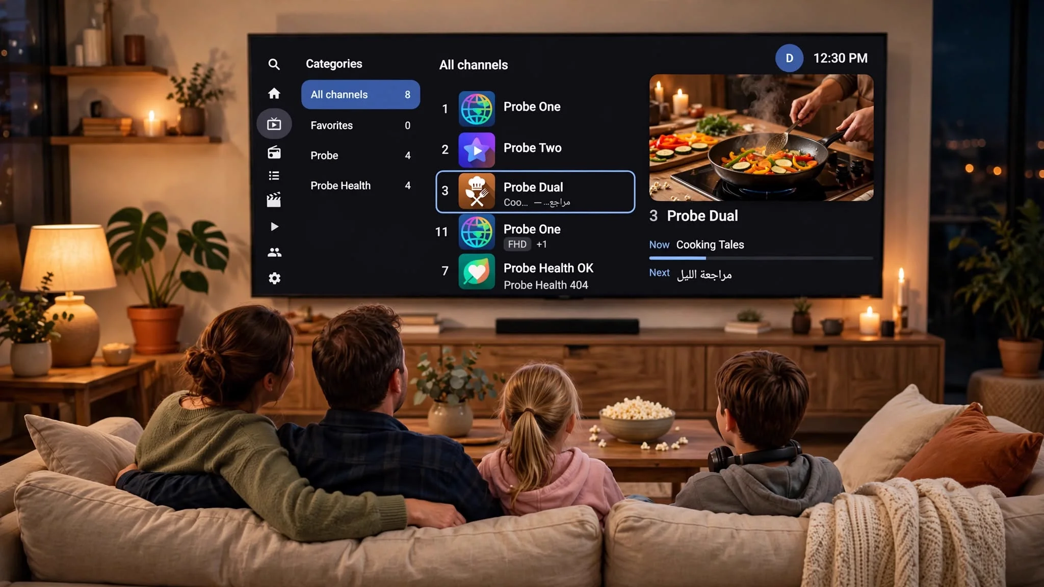 Live TV channel list with mini preview and version chips